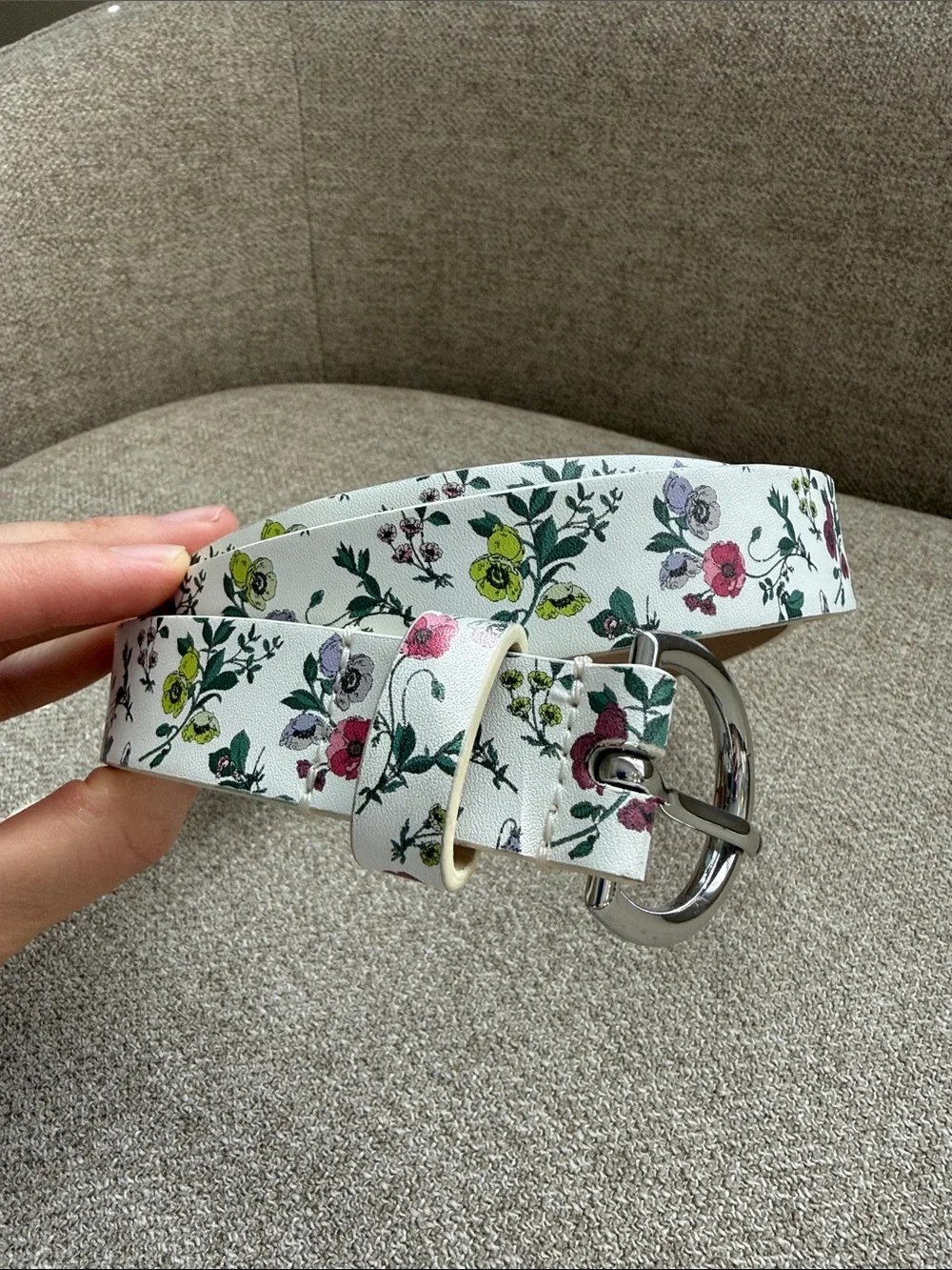 Ann Taylor White Floral Leather Belt with Silver Buckle